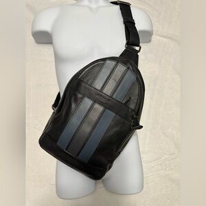 Coach Black Leather Sling Bag with Blue Stripes